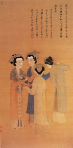 Pintura de la Dinast&iacute;a Shu tard&iacute;a: Descripci&oacute;n de damas de la corte por el pintor Tang Yin (1470-1524). Se destacan los elaborados adornos en el cabello de las damas, en comparaci&oacute;n con los estilos m&aacute;s modestos de sus sirvientas. Probablemente se trata de mujeres casadas de una gran familia.