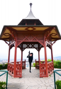 Dancer Henry Hung poses in the gazebo lookout on top of the hill. Surprisingly, this is actually a Chinese-style pavilion in Graz!